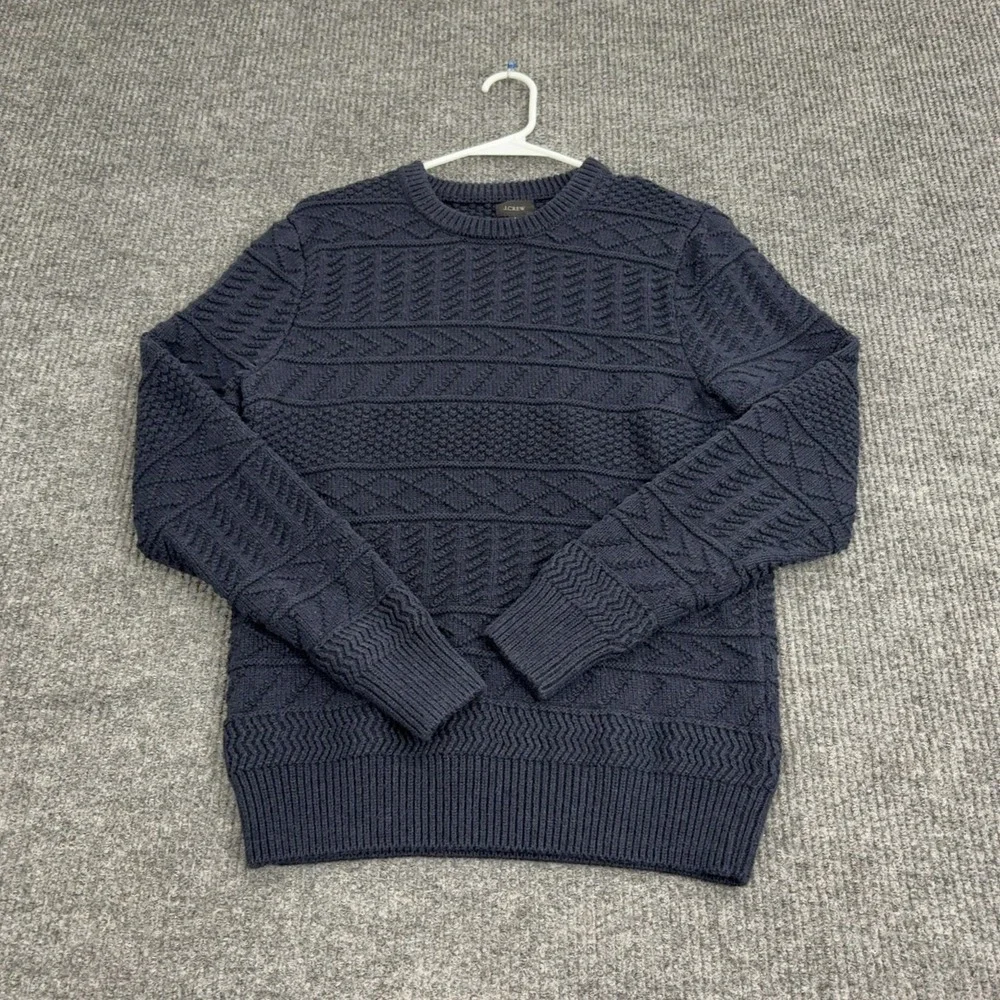 J‎ Crew Sweater Mens M Navy 100 Cotton Cable Knit Crewneck Classic Preppy